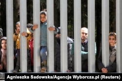 Мігранти стоять біля стіни на польсько-білоруському кордоні поблизу міста Біловежа, Польща, 28 травня 2023 року