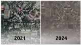 Сателитни снимки на украинския град Соледар през 2021 г. (вляво) и 2024 г. 