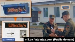 Belarusda bir harby bazada düşürilen suratda radiasiýanyň derejesini ölçeýän sanly ekran görkezilýär.