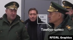 Генерал Кирилов (ліворуч) доповідає тодішньому міністру оборони РФ Сергію Шойгу (праворуч) під час візиту того на секретний військовий дослідницький центр під Москвою в Сергієвому Посаді. На дверях висить табличка з написом «шлюз»