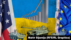 Illustrative image of military vehicles with U.S., Ukrainian, and EU flags in the background.