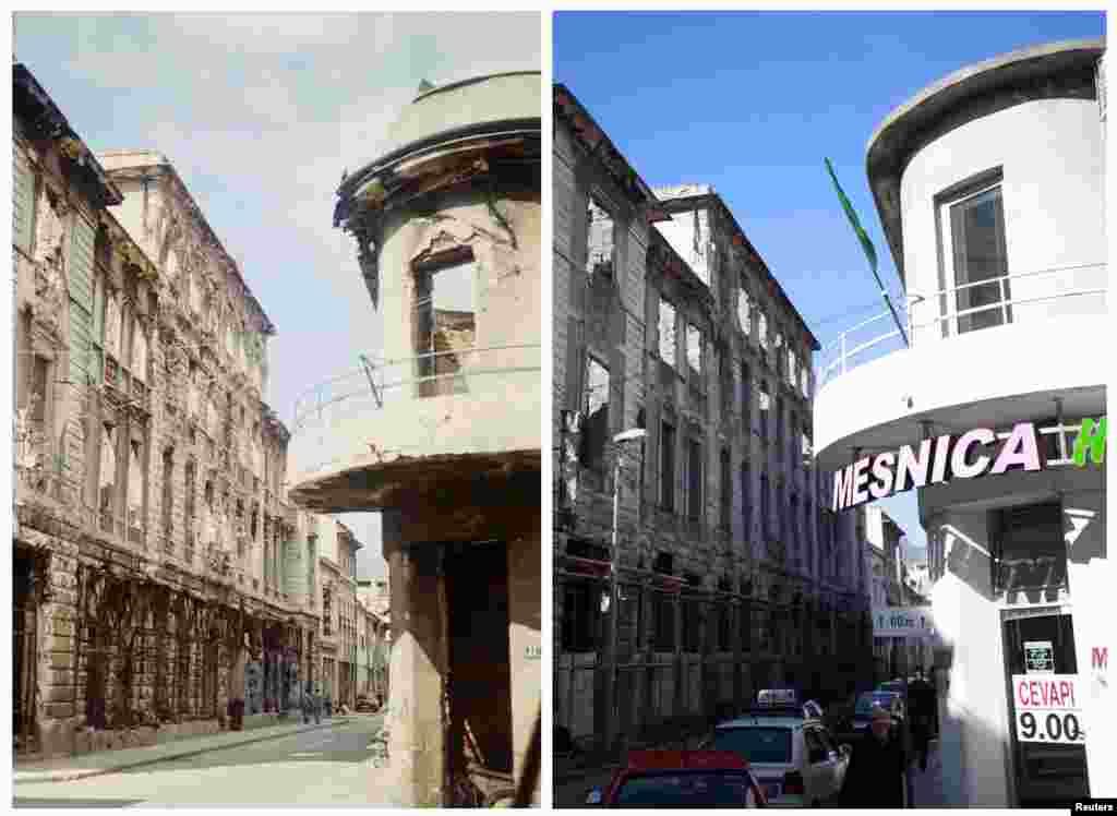 Улица маршала Тито с Мостаре в 1993 и в 2013-м.