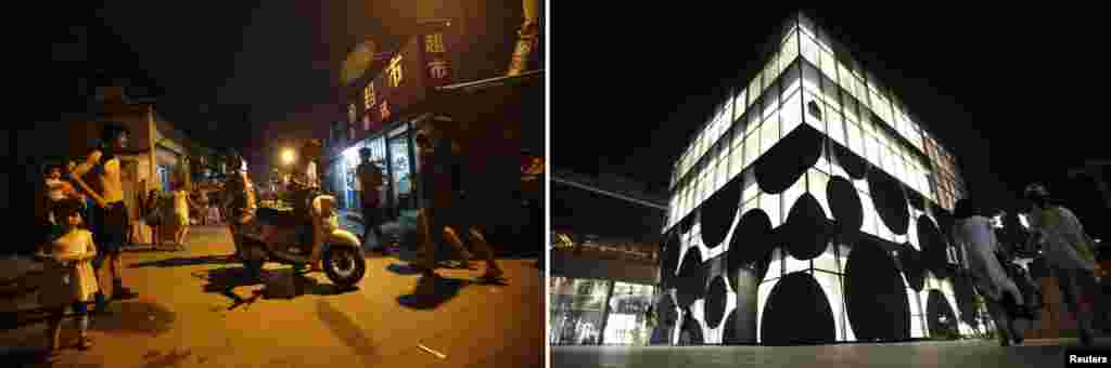 Migrant işçileriň ýaşaýan sebiti we ýakynda açylan kaşaň "Sanlitun" söwda merkezi.