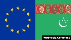 Ýewropa Bileleşiginiň we Türkmenistanyň baýdaklary 
